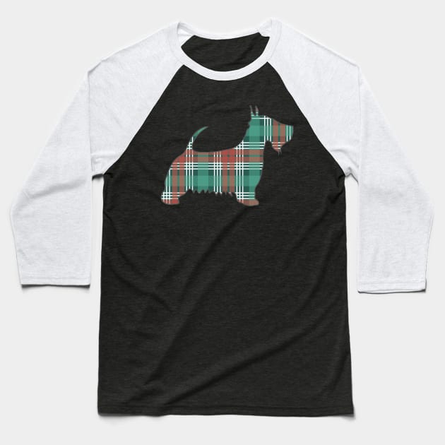 Christmas Coloured Tartan Scottish Terrier Dog Silhouette Baseball T-Shirt by MacPean